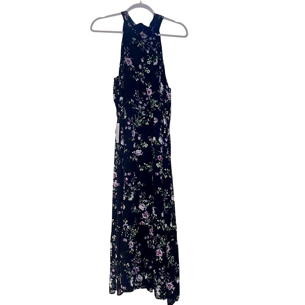 Fourteenth Place Dark Floral Halter Tiered Maxi Dress Size Large Black 90s NWT